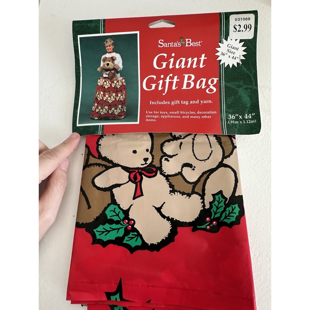 Vtg Santa's Best Christmas Giant Gift Bag 36x44 New Old Stock Teddy Bears 1998